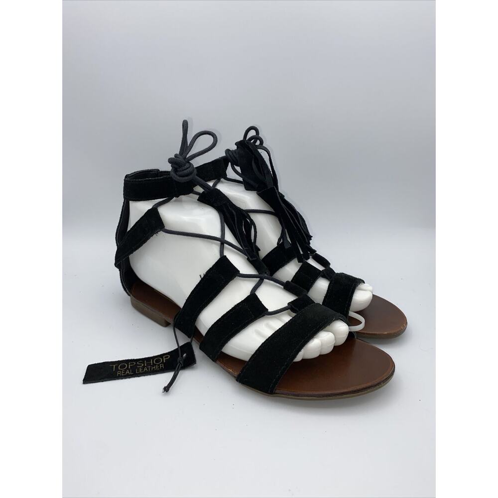 Topshop Womens Suede Leather Tasseled Tie Gladiator Sandal Black Size 37 Us 6